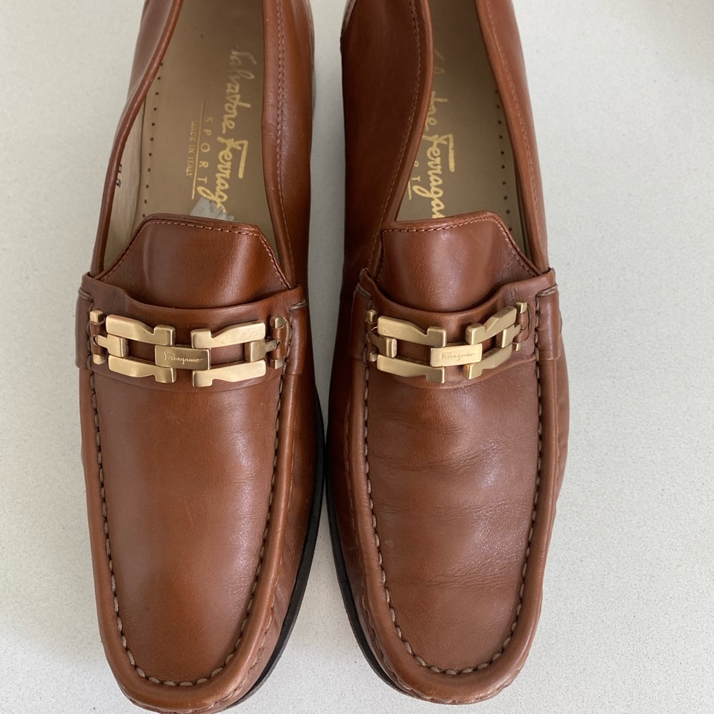 Salvatore Ferragamo Brown Leather Loafers with Gold Accent